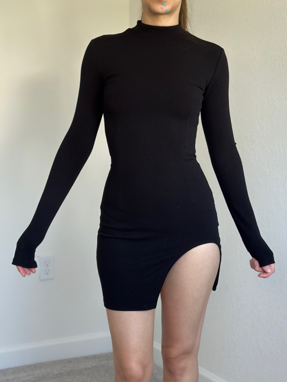 Adika Black Long-Sleeve Mini Dress with High Neck and Thigh Cutout